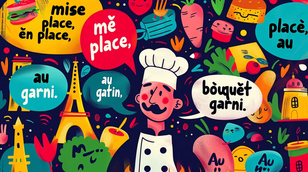 A vibrant, colorful illustration featuring a chef in a traditional French toque hat surrounded by speech bubbles containing common French culinary phrases