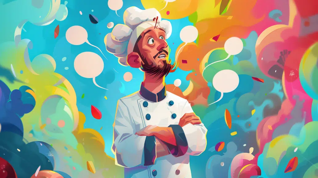 chef surrounded by thought bubbles containing culinary abbreviations and their meanings chef surrounded by thought bubbles containing culinary abbreviations and their meanings