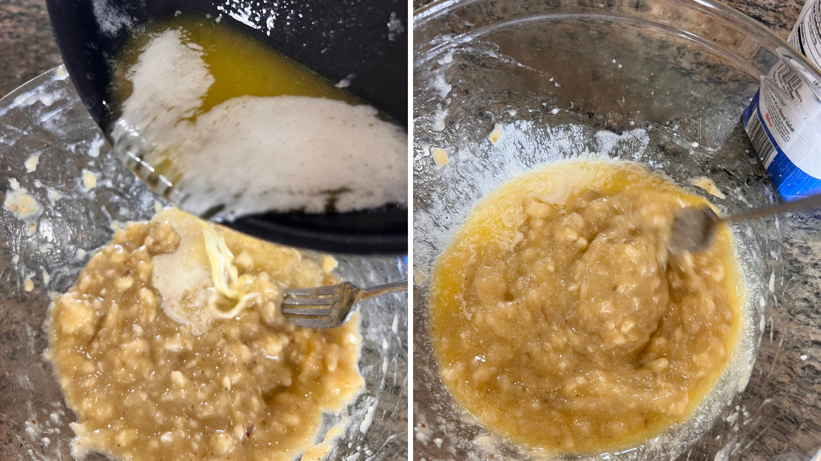 Mixing butter into mashed banana