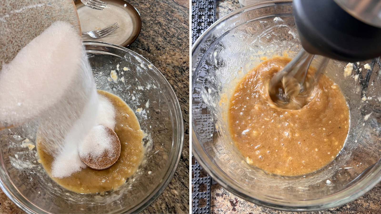 Mixing sugars into banana bread batter