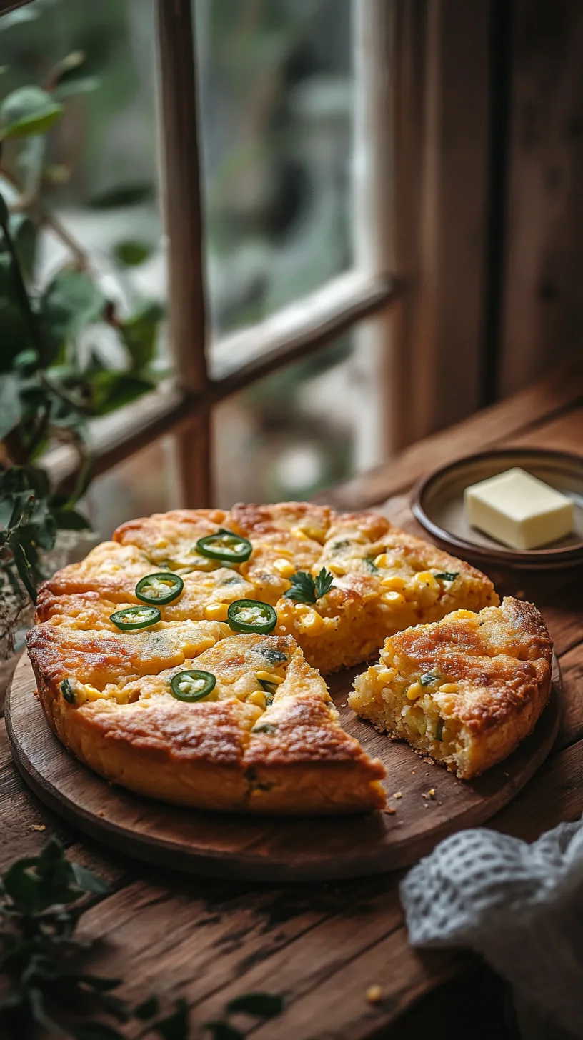 Sliced cornbread with visible cheddar and jalapeño