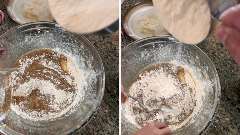 adding flour to your banana bread batter