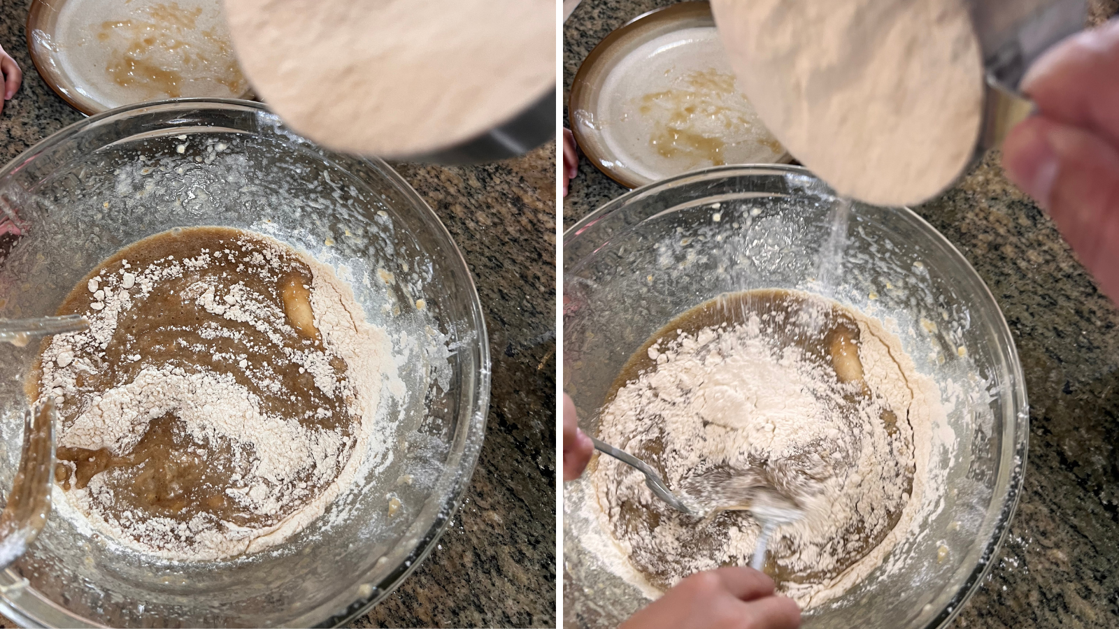 adding flour to your banana bread batter