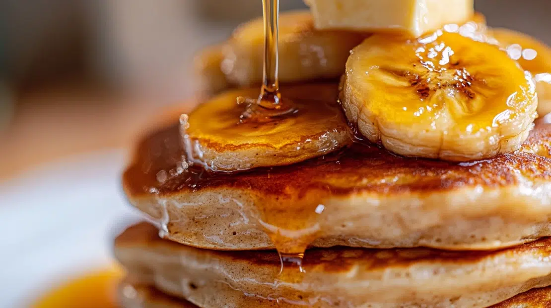 banana pancakes with caramelized banana topping