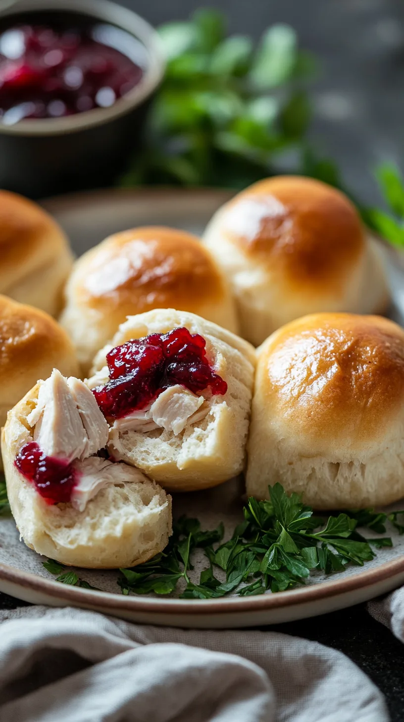 freshly baked dinner rolls cut open and filled with leftover turkey and cranberry sauce