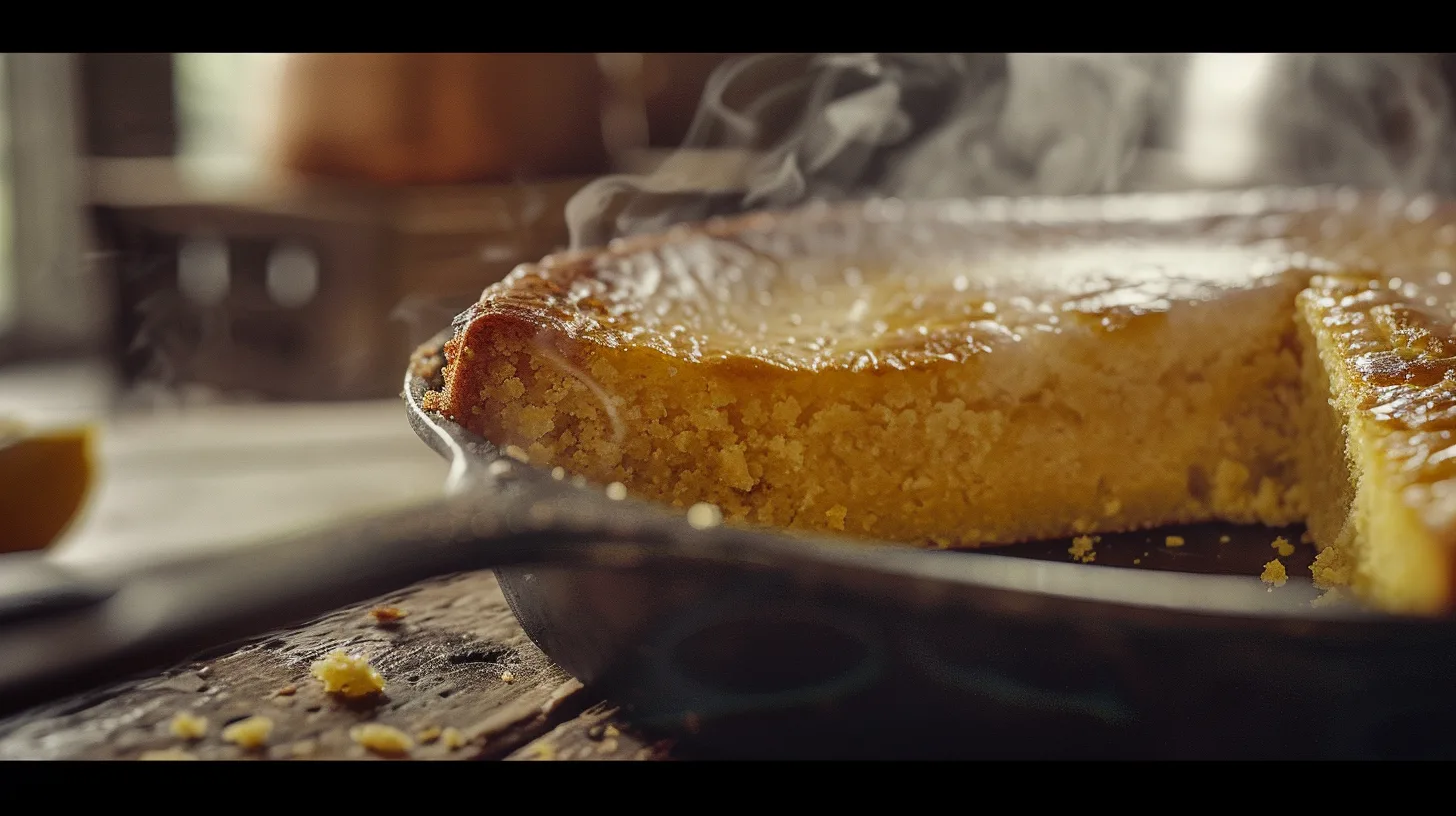 golden cornbread slice in a cast iron skillet