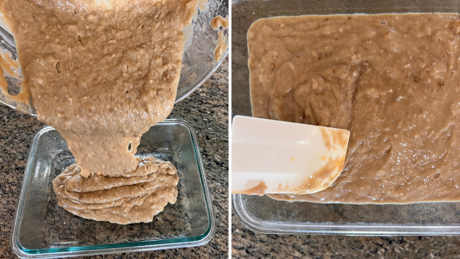 pouring banana bread batter