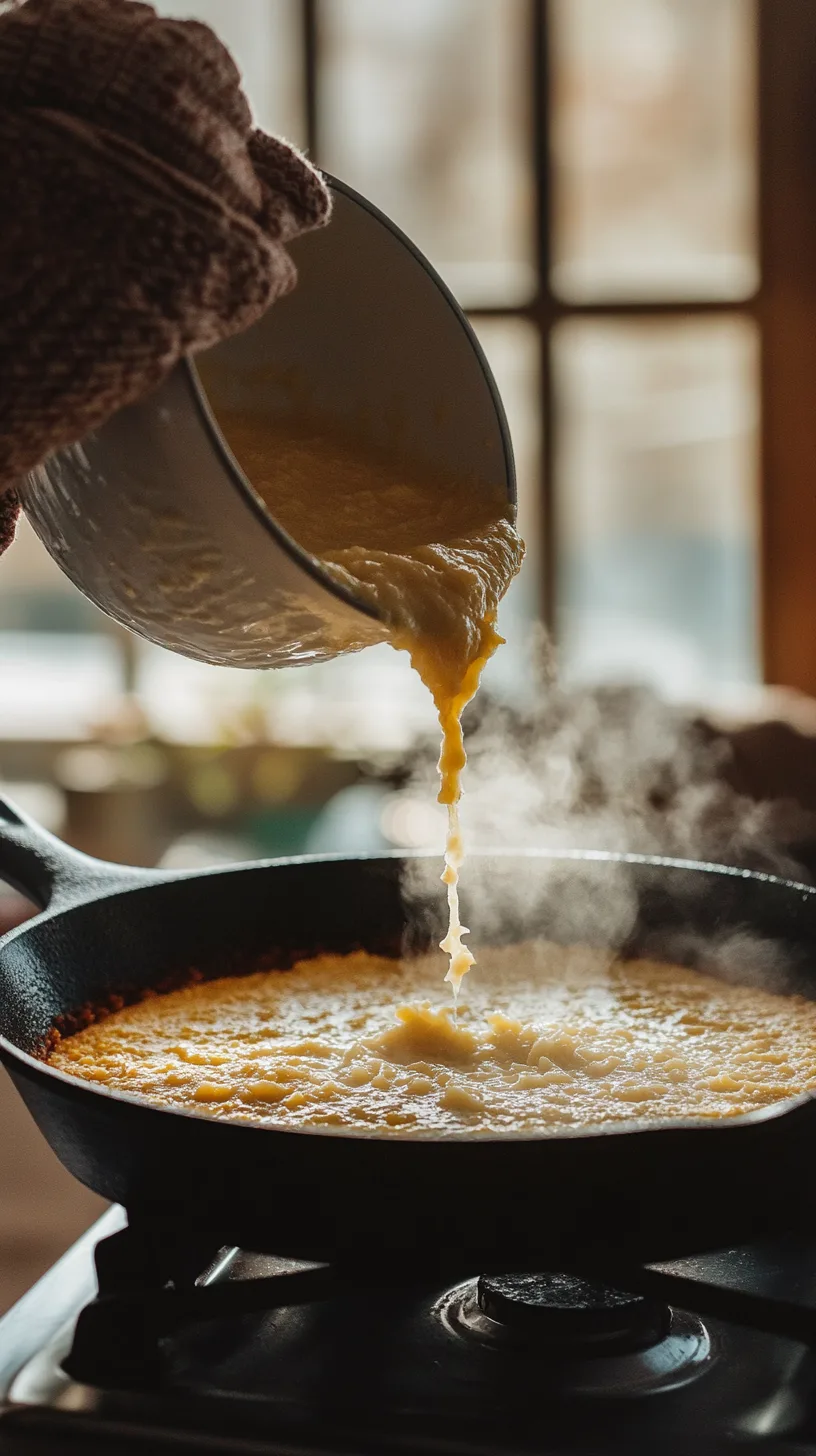 pouring thick cornbread batter into a hot cast iron skillet