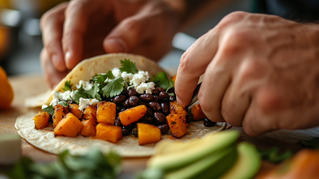assembling black bean and butternut squash tacos