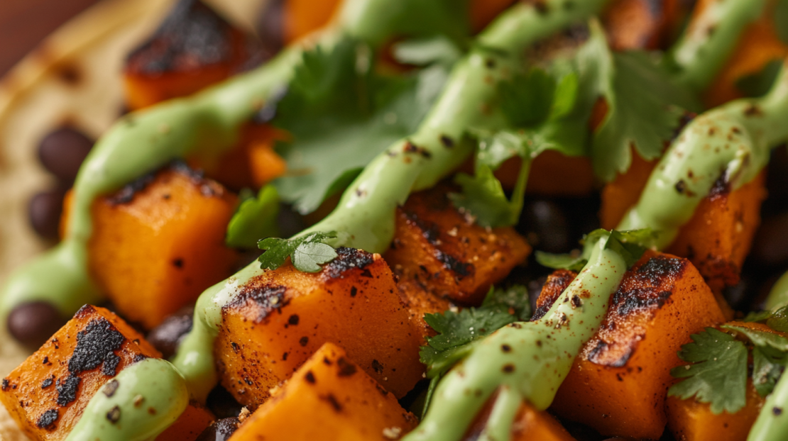 close up of butternut squash and black bean tacos