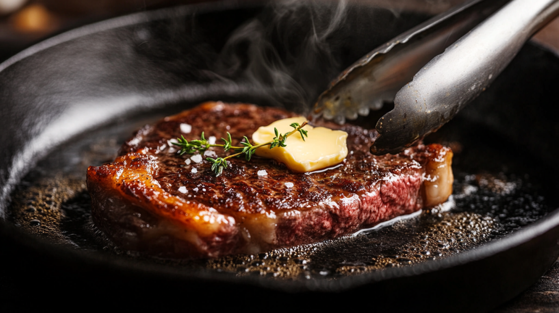 finishing off a steak with butter in a cast iron pan