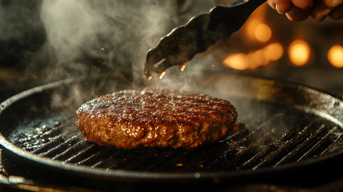 grilling an a1 burger on a cast iron grill