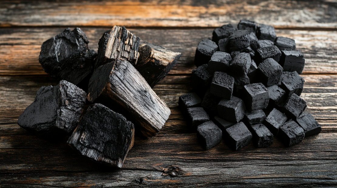lump charcoal and briquettes on a rustic wooden table