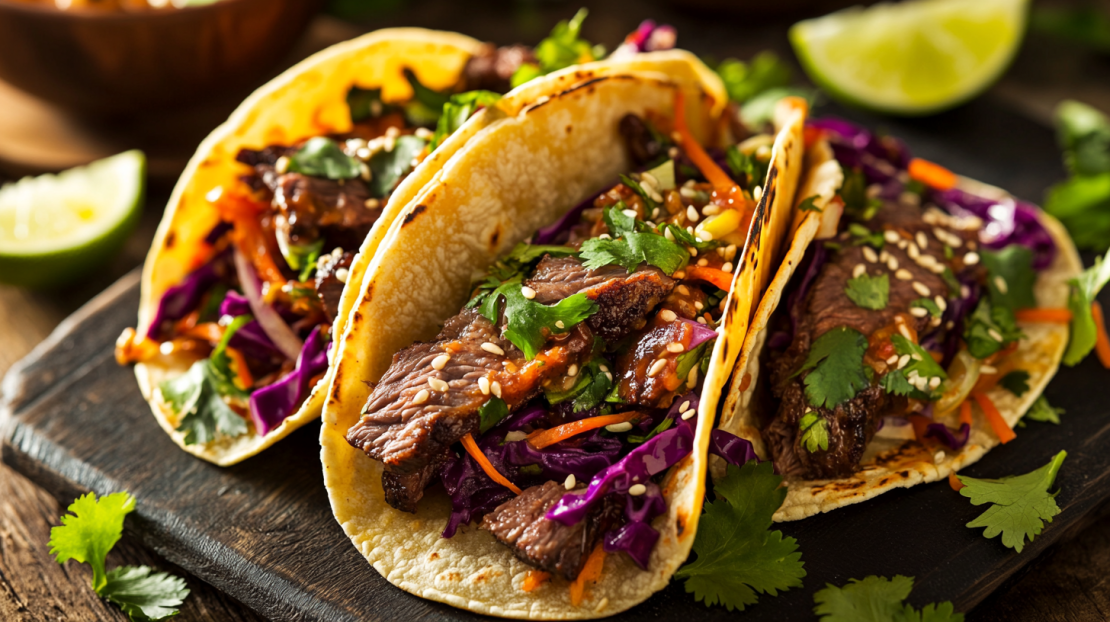 Korean bbq beef taco platter with spicy kimchi slaw