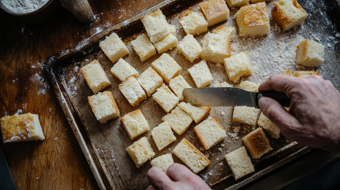 prepping bread to dry for stuffing