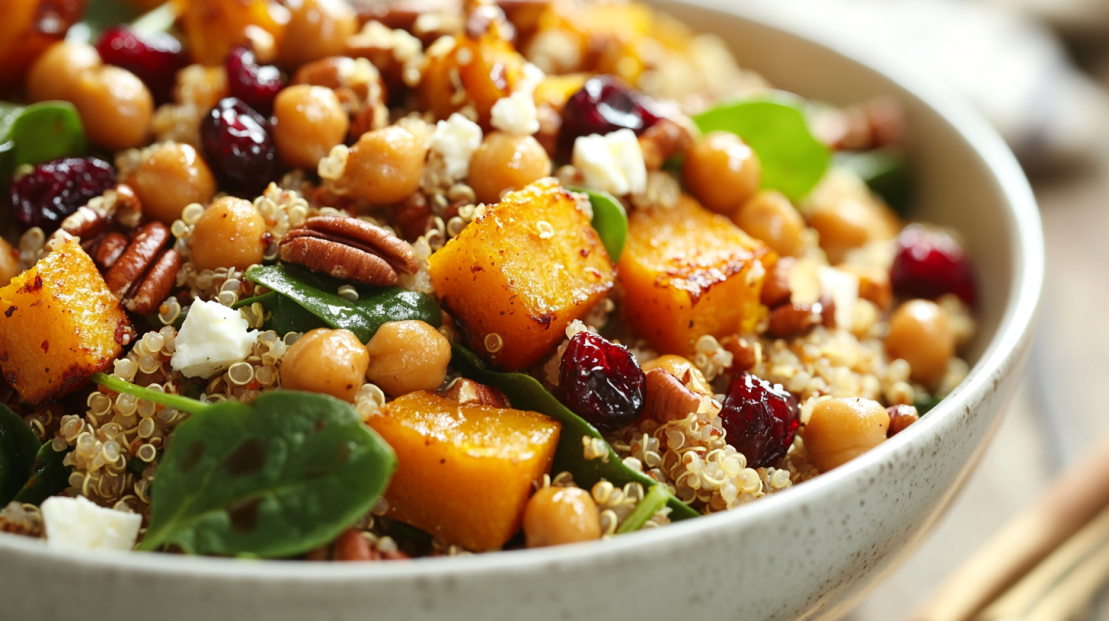 golden roasted butternut squash cubes with caramelized edges, fluffy quinoa scattered with fresh spinach leaves, and a pop of ruby-red pomegranate seeds