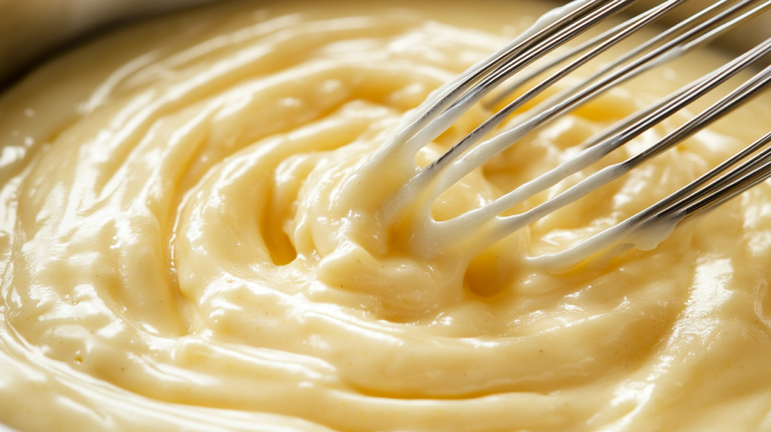 perfectly whisked vanilla pudding in a saucepan