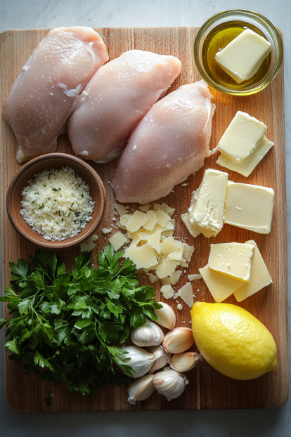 raw chicken, lemon, parmesan, parsley, butter, olive oil
