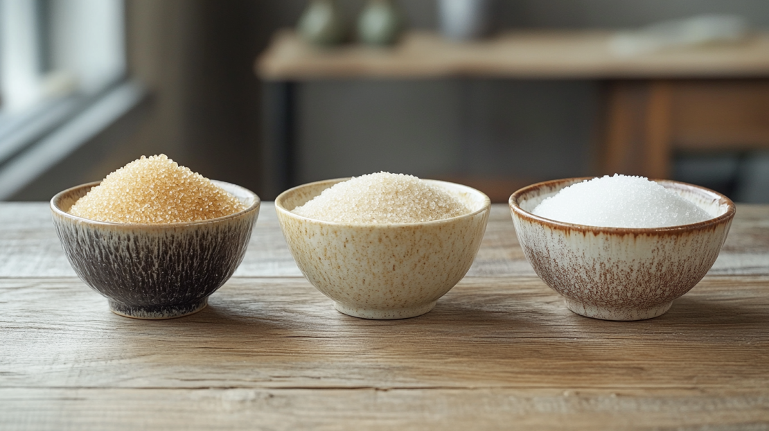 small bowls of different types of sugar compared to demerara