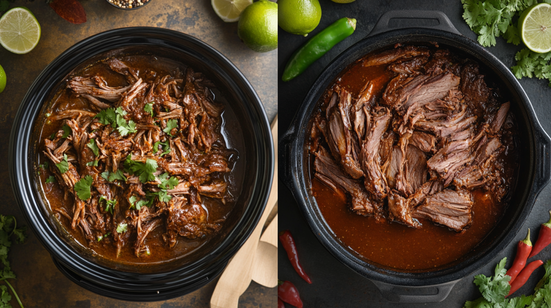 split screen of barbacoa in an oven and crockpot