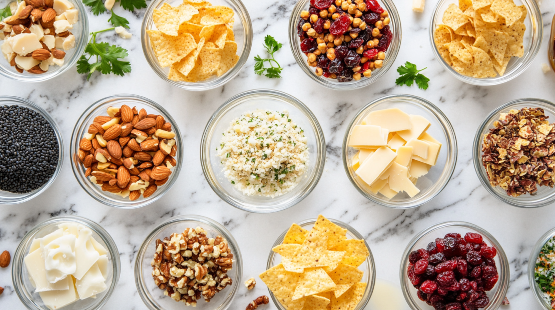 spread of topping options for Cheese Ball Bites