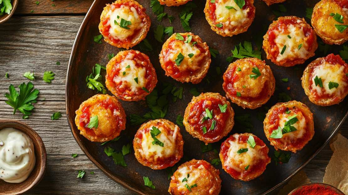 tater tots formed into a cup and filled with brava's sauce, garnished with cheese for an easy appetizer