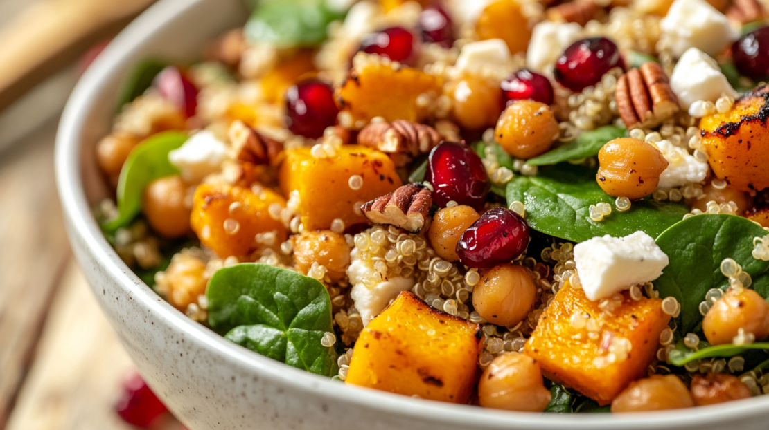 vibrant roasted butternut squash quinoa salad served in a white ceramic bowl