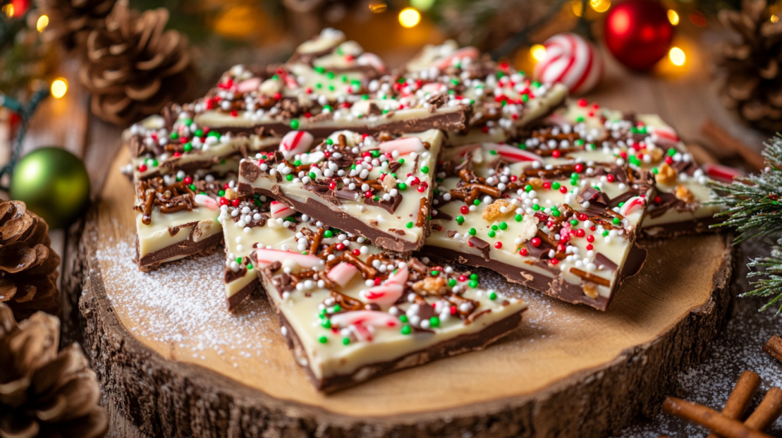 Christmas bark arranged in irregular shards on a wooden board.