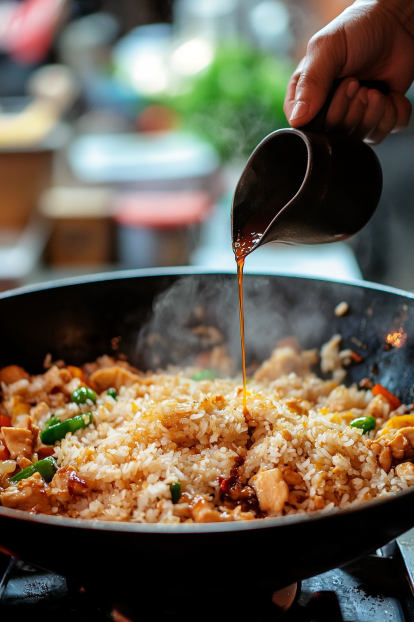 adding the rice and the sauce to the dish