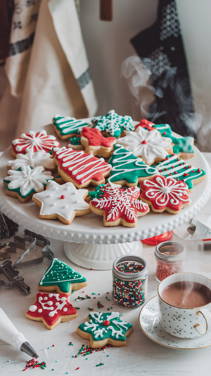 cheerful display of beautifully decorated cookies on a large white platter