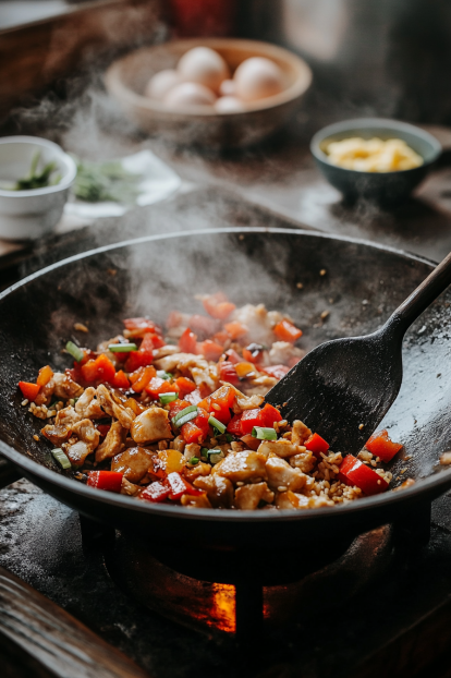 chicken is being stir-fried in a wok for Arroz Chaufa