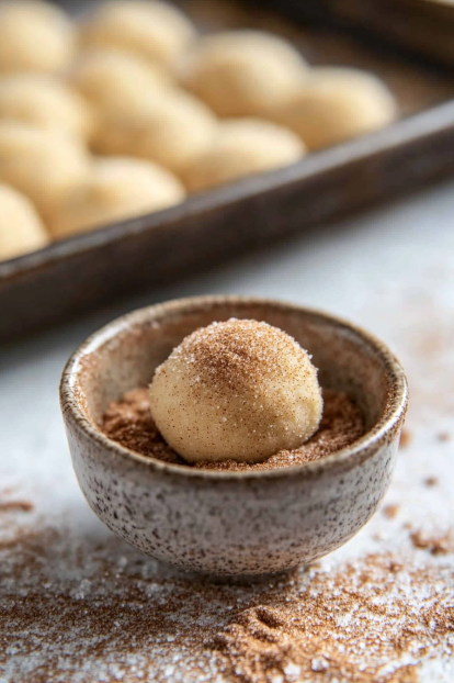 cinnamon-sugar in a small ceramic bowl with a cookie dough ball being rolled in the mixture