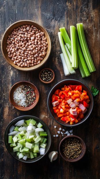dried black-eyed peas, diced onions, celery stalks, bell pepper slices, garlic cloves, a smoked ham hock, small dish of salt and pepper, and a tiny bowl of cayenne spice