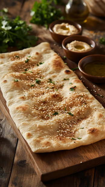 golden-brown sheet of lavash bread with sesame seeds and za’atar sprinkled on top