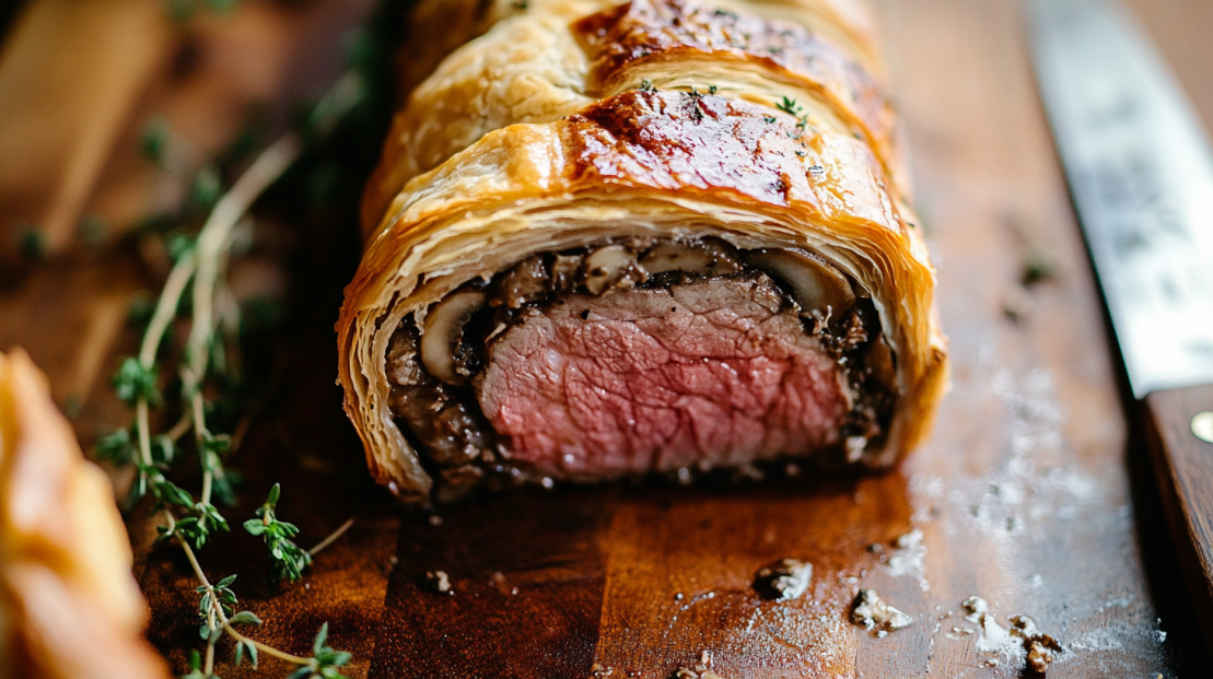 perfectly pink cross section of the beef wellington