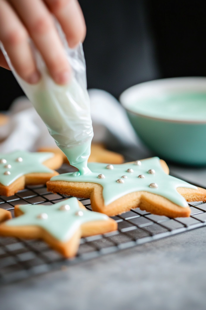 piping icing onto a simple star-shaped cookie