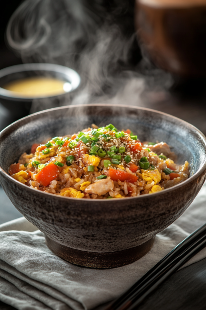 plated presentation of Arroz Chaufa served in a large, shallow ceramic bowl with earthy tones