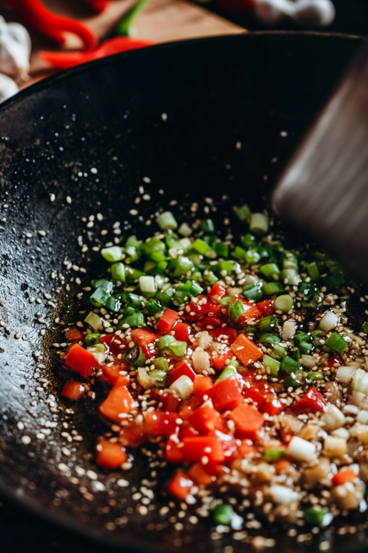 sautéing the white parts of the green onions, diced red bell peppers, minced garlic, and grated ginger are sizzling in sesame oil in a wok