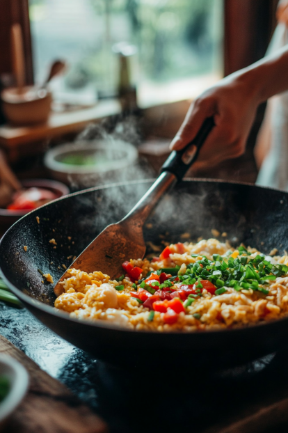 showing the final step of folding scrambled eggs and green onion tops into the Arroz Chaufa