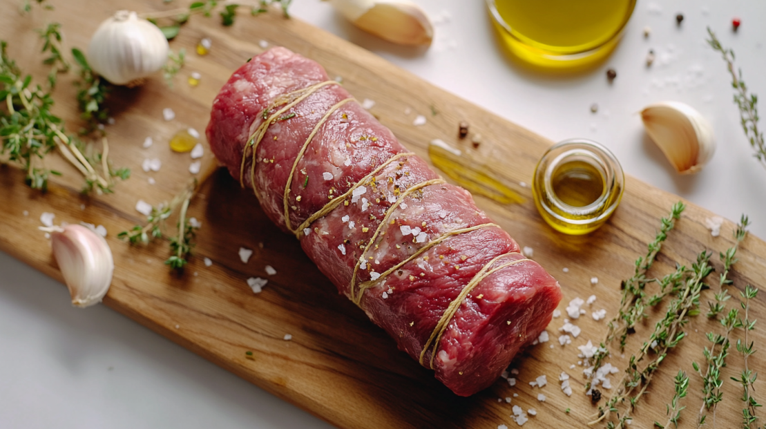 tied beef tenderloin ready to be seared