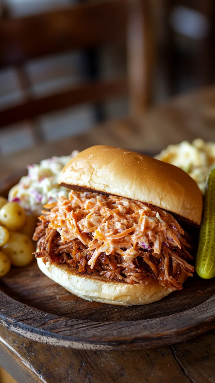 A pulled pork sandwich on a rustic wooden plate