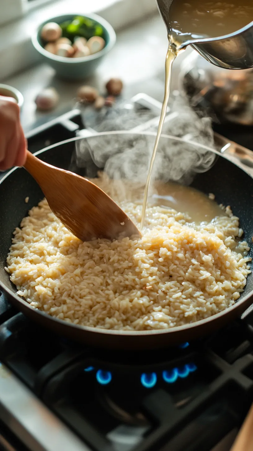 Arborio rice being stirred with a wooden spoon
