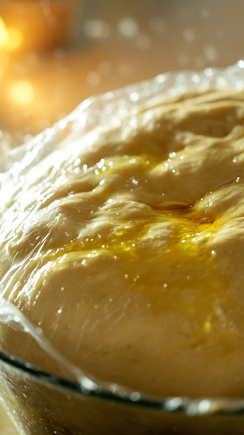 ball of focaccia dough, rising in a lightly oiled glass bowl