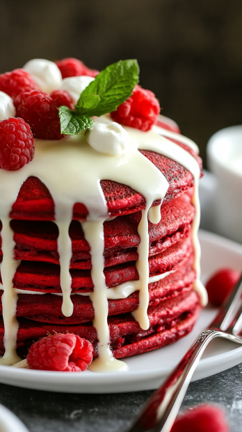 beautifully plated stack of red velvet pancakes