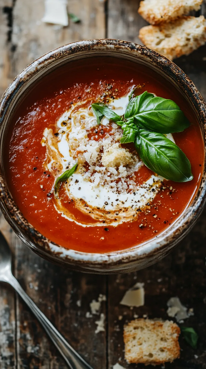 ceramic bowl filled with creamy tomato basil soup