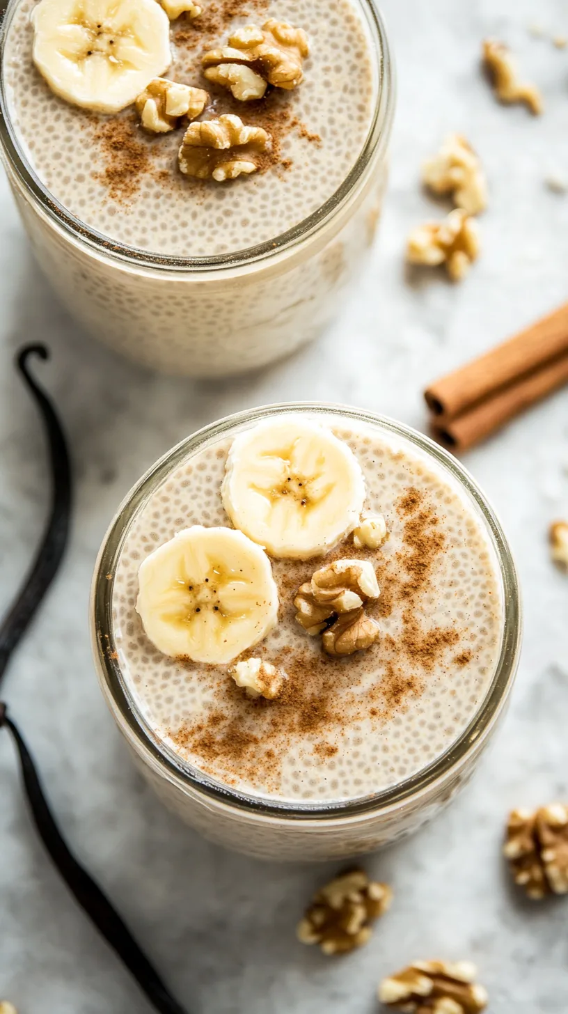 classic vanilla chia pudding with a topping of sliced bananas and a sprinkle of chopped walnuts