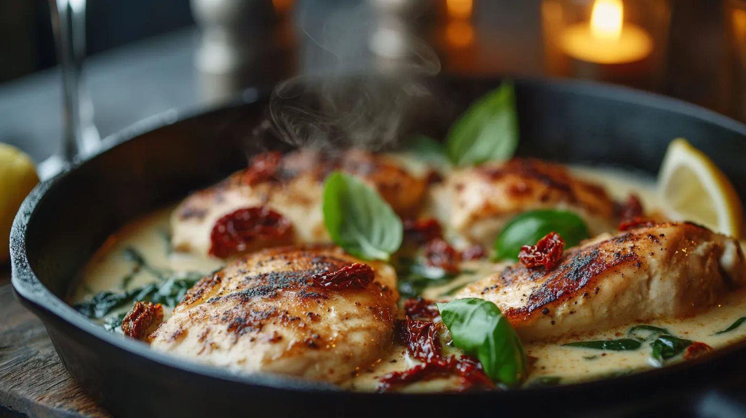 creamy Tuscan chicken in a cast iron skillet