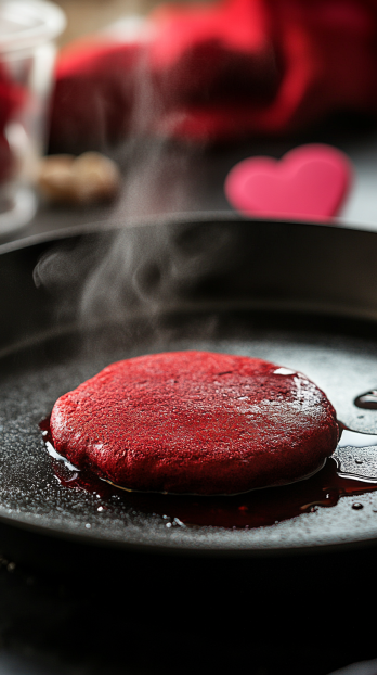 fluffy red velvet pancake cooking in a frying pan
