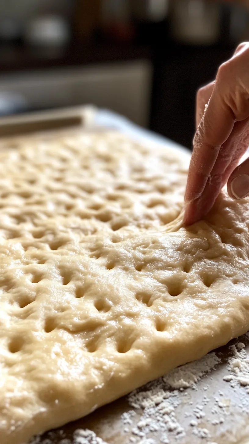gently pressing into a soft, risen focaccia dough on a lightly oiled baking sheet