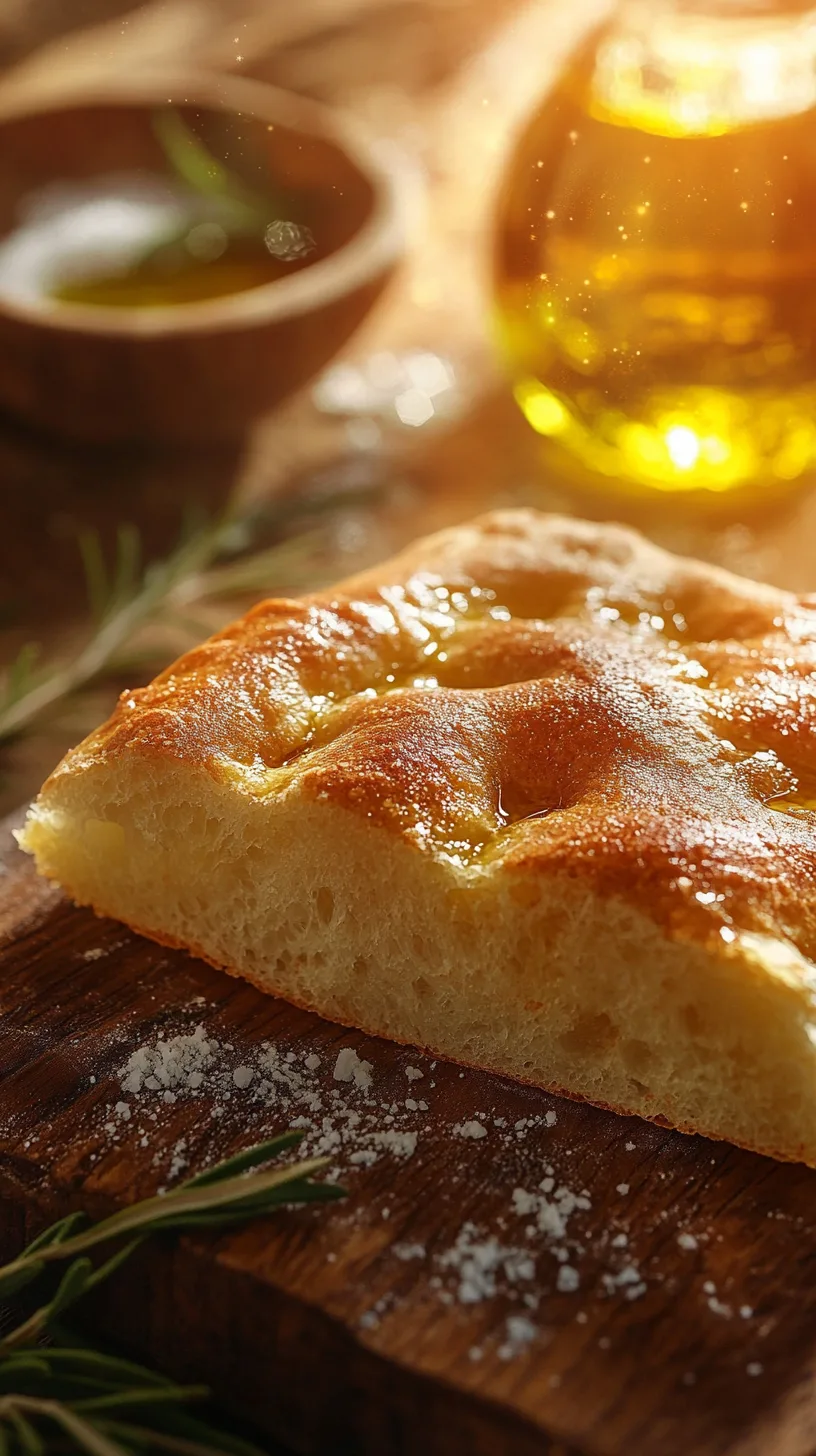 golden-brown, thick, fluffy, freshly baked focaccia slice